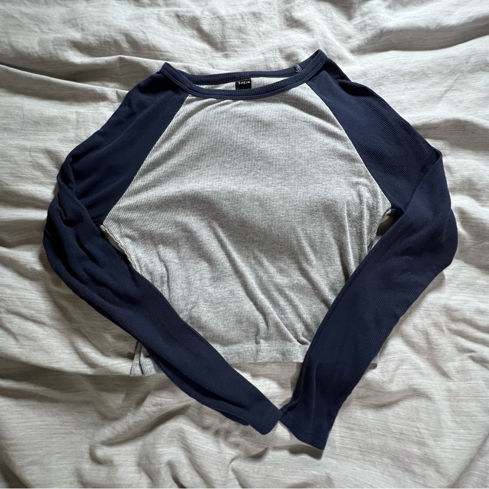 shein blue and grey raglan long sleeve top